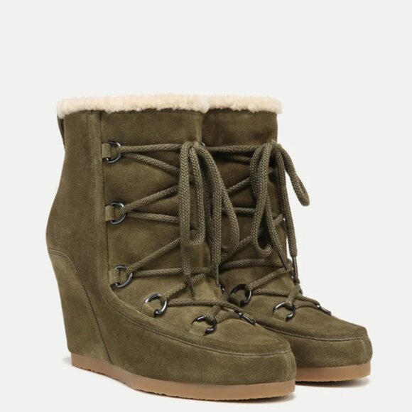 NIB - Veronica Beard 'Elfred' Lace-Up Suede Shearling Booties, Army Green - Picture 1 of 4